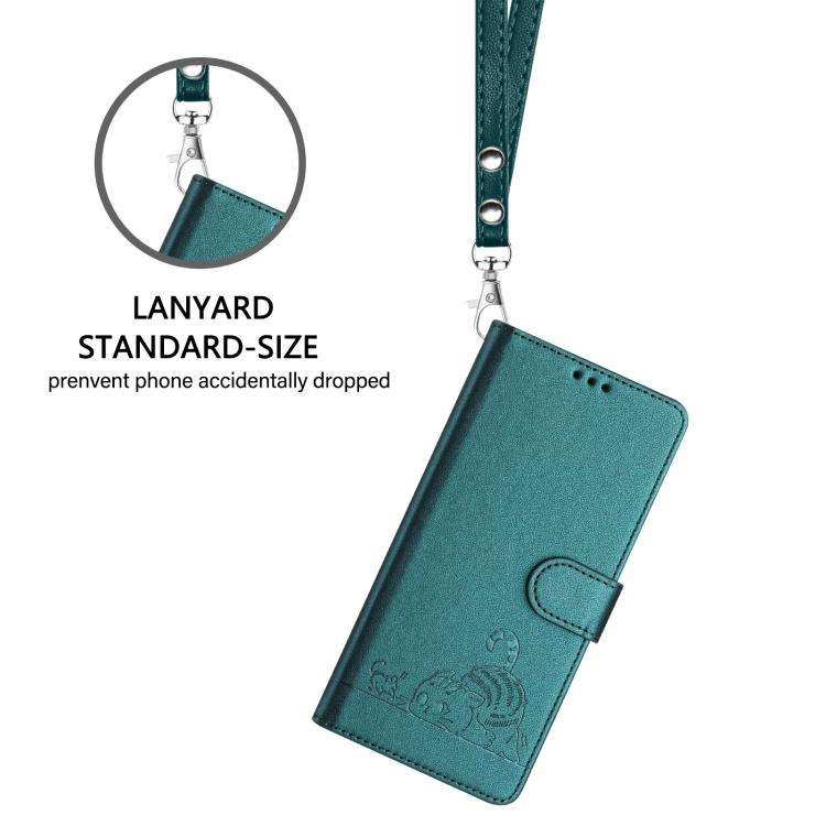 For Doogee N60 Pro Cat Rat Embossed Pattern RFID Leather Phone Case with Lanyard(Peacock Green)