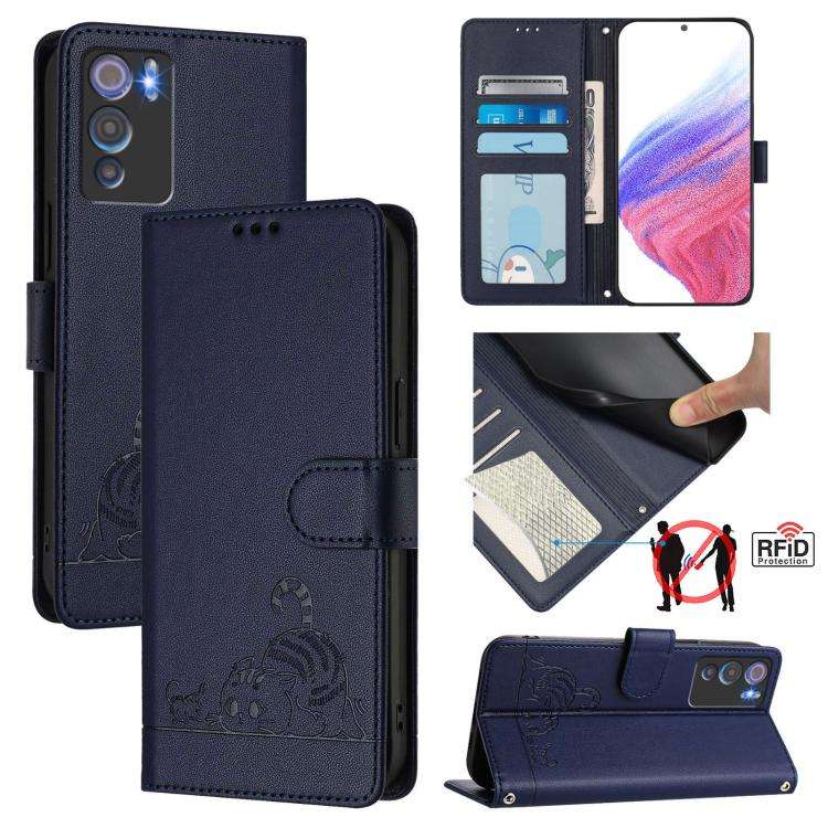 For Doogee N60 Pro Cat Rat Embossed Pattern RFID Leather Phone Case with Lanyard(Blue)