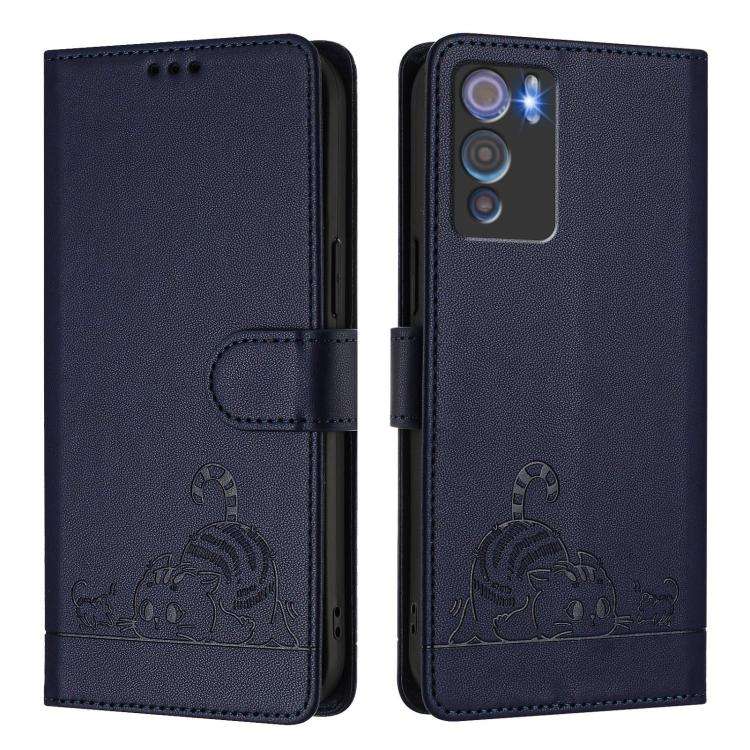 For Doogee N60 Pro Cat Rat Embossed Pattern RFID Leather Phone Case with Lanyard(Blue)