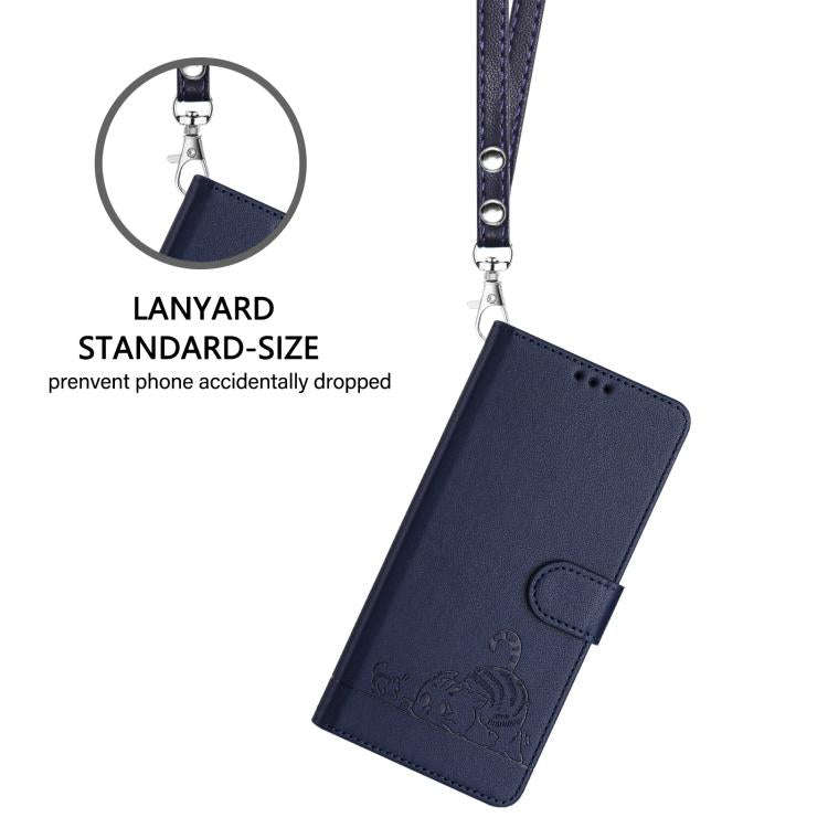 For Doogee N60 Pro Cat Rat Embossed Pattern RFID Leather Phone Case with Lanyard(Blue)