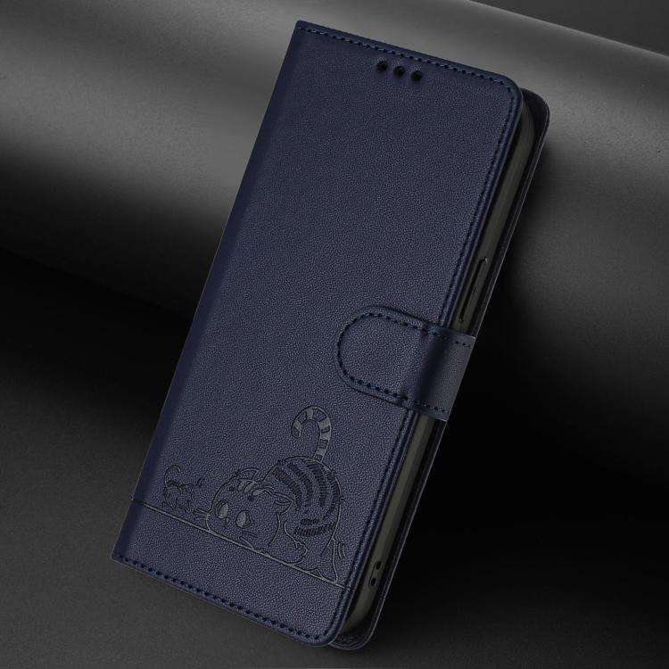 For Doogee N60 Pro Cat Rat Embossed Pattern RFID Leather Phone Case with Lanyard(Blue)
