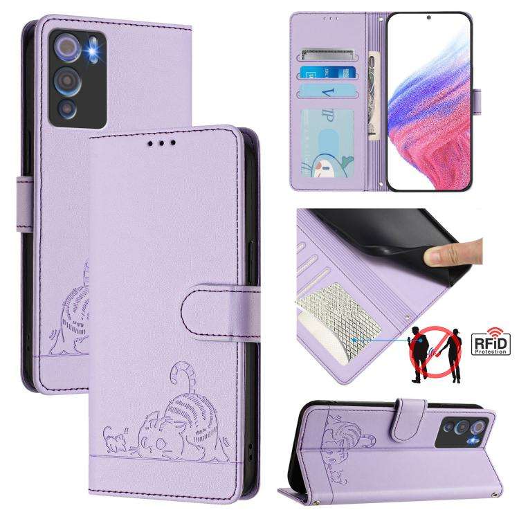 For Doogee N60 Pro Cat Rat Embossed Pattern RFID Leather Phone Case with Lanyard(Purple)