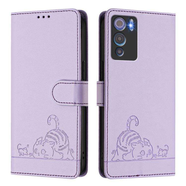 For Doogee N60 Pro Cat Rat Embossed Pattern RFID Leather Phone Case with Lanyard(Purple)