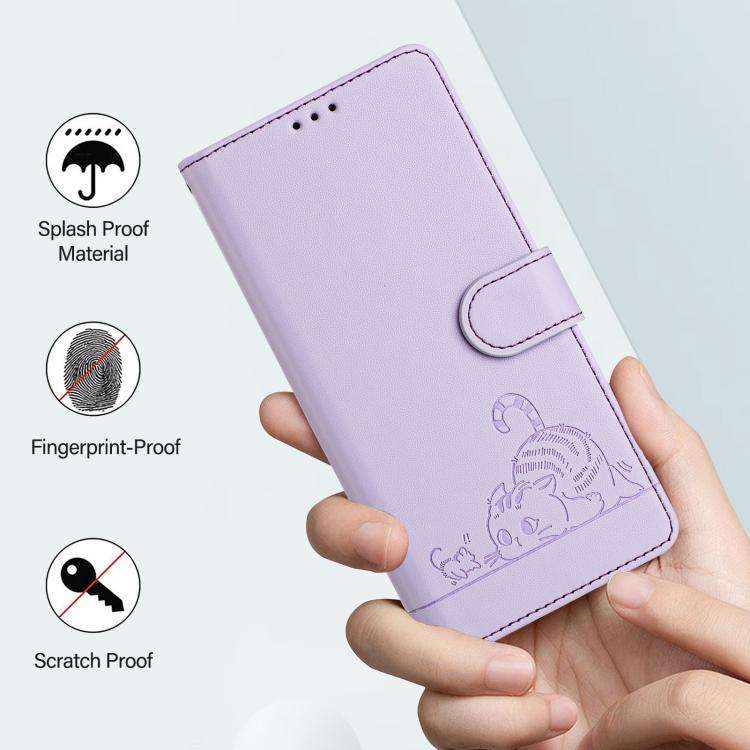 For Doogee N60 Pro Cat Rat Embossed Pattern RFID Leather Phone Case with Lanyard(Purple)