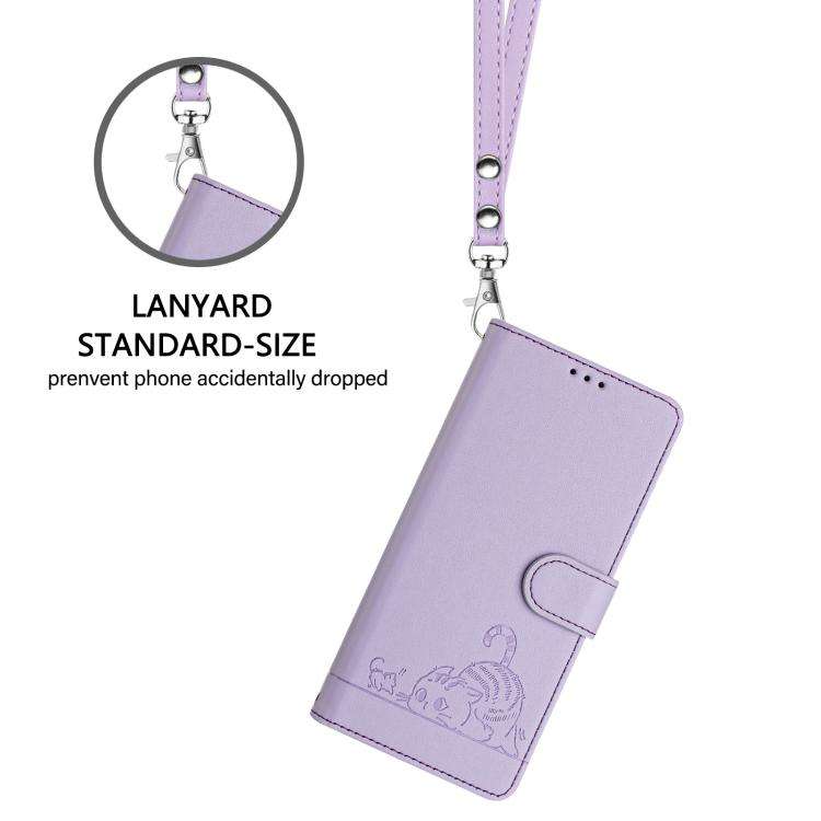 For Doogee N60 Pro Cat Rat Embossed Pattern RFID Leather Phone Case with Lanyard(Purple)