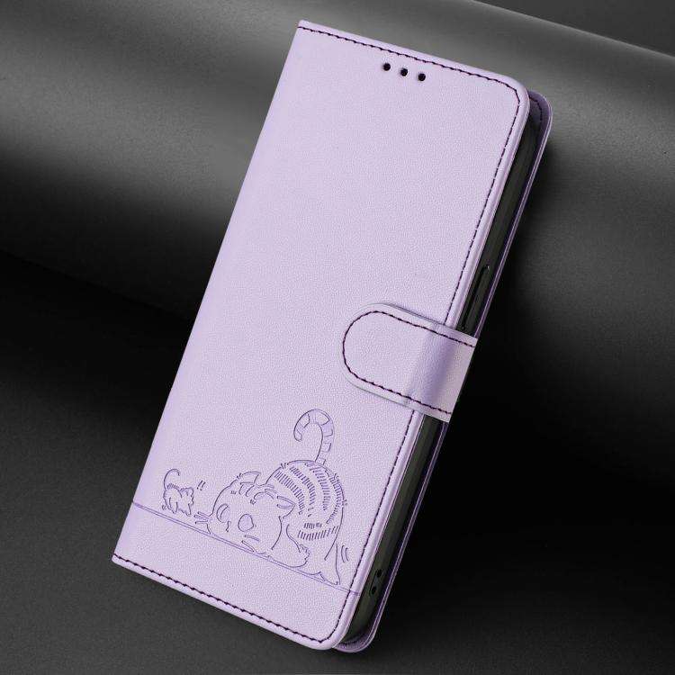 For Doogee N60 Pro Cat Rat Embossed Pattern RFID Leather Phone Case with Lanyard(Purple)