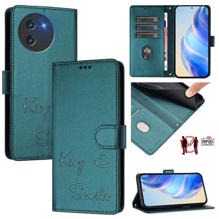 For Doogee Note 59 / Note 59 Pro Smile Embossing RFID Leather Phone Case(Peacock Green)