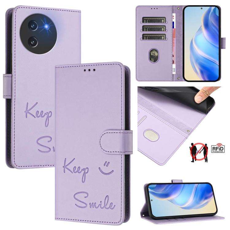 For Doogee Note 59 / Note 59 Pro Smile Embossing RFID Leather Phone Case(Light Purple)