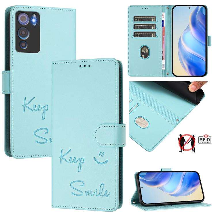 For Doogee N60 Pro Smile Embossing RFID Leather Phone Case(Mint Green)