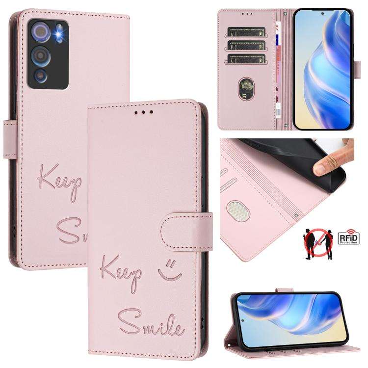 For Doogee N60 Pro Smile Embossing RFID Leather Phone Case(Pink)