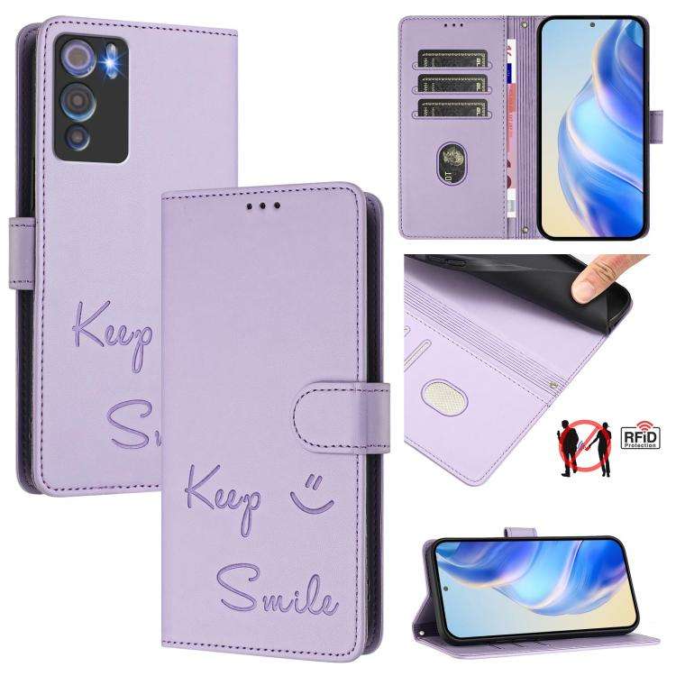 For Doogee N60 Pro Smile Embossing RFID Leather Phone Case(Light Purple)