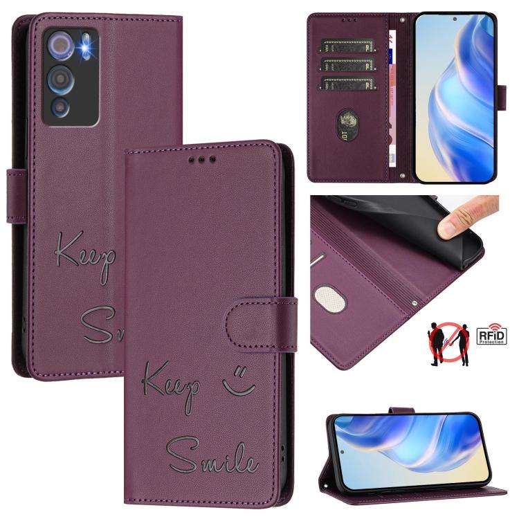 For Doogee N60 Pro Smile Embossing RFID Leather Phone Case(Violet)
