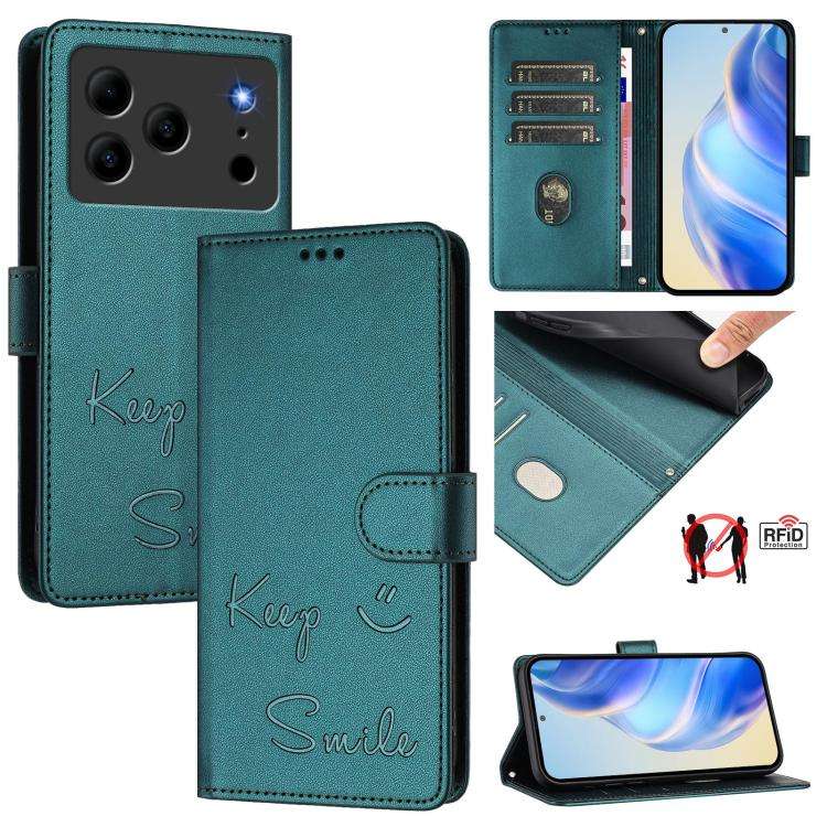 For Doogee Note 56 / Note 56 Pro Smile Embossing RFID Leather Phone Case(Peacock Green)
