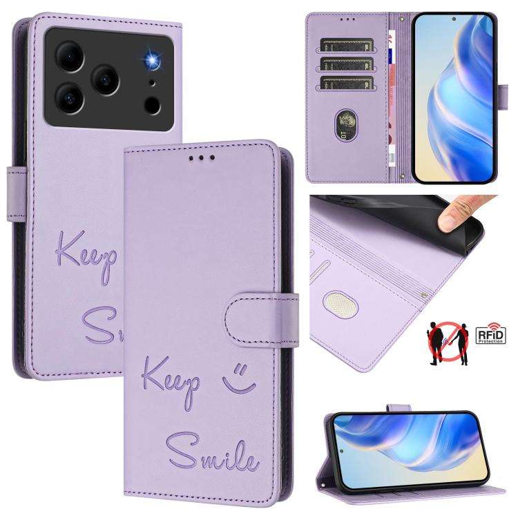 For Doogee Note 56 / Note 56 Pro Smile Embossing RFID Leather Phone Case(Light Purple)