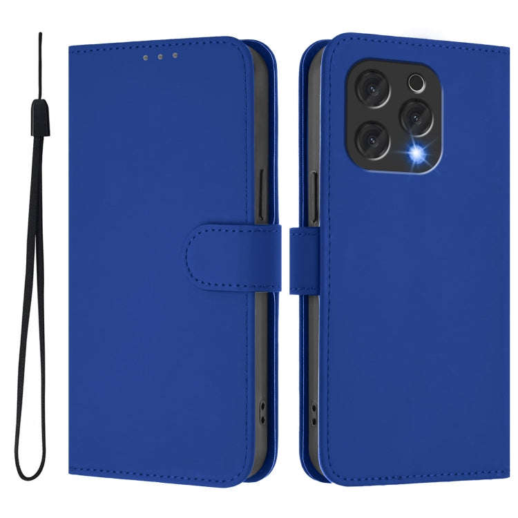 For Doogee N55 Plus Skin Feel Solid Color Leather Phone Case with Lanyard(Dark Blue)