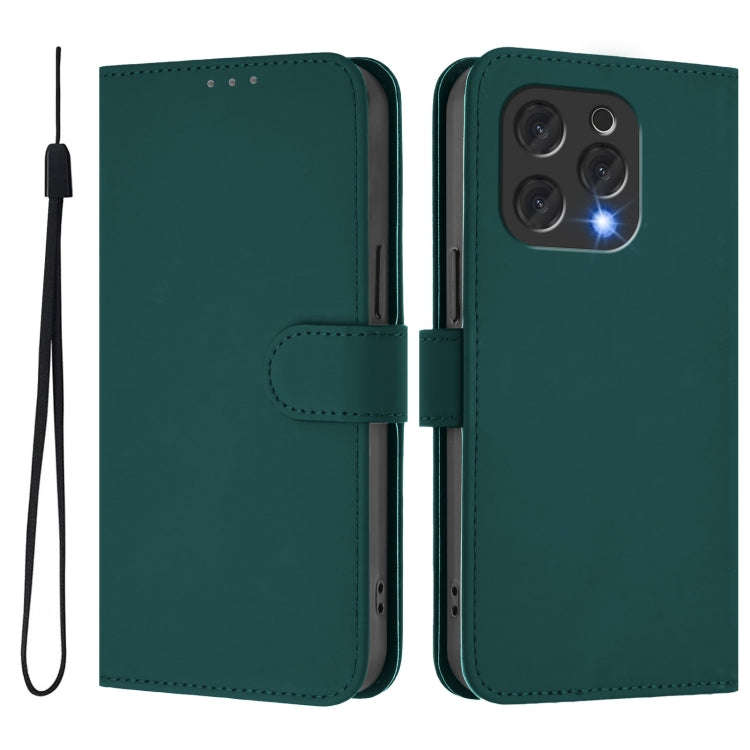 For Doogee N55 Plus Skin Feel Solid Color Leather Phone Case with Lanyard(Dark Green)