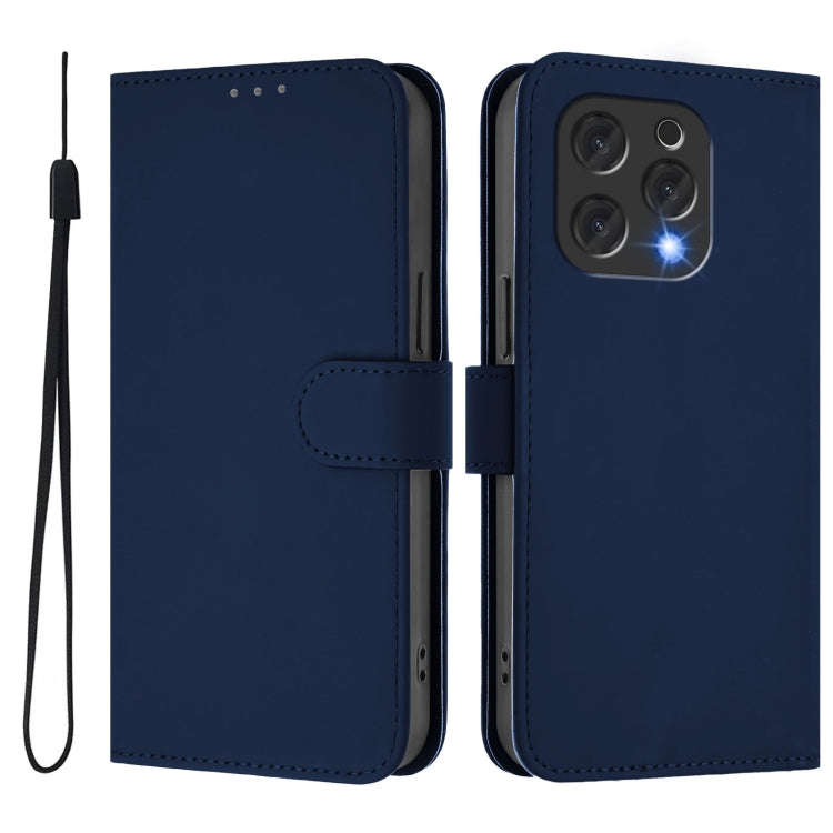For Doogee N55 Plus Skin Feel Solid Color Leather Phone Case with Lanyard(Navy Blue)