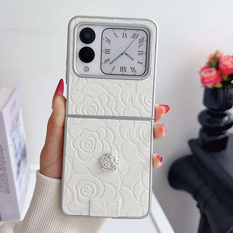 For Huawei nova Flip 3D Camellia Plaid Fabric DIY PC Phone Case(White)