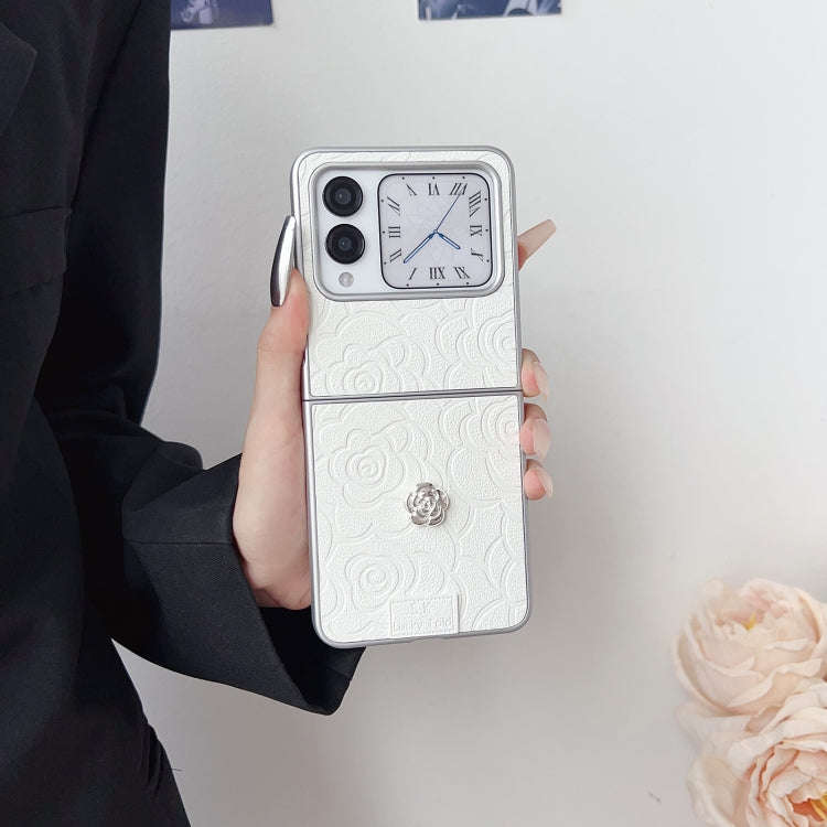 For Huawei nova Flip 3D Camellia Plaid Fabric DIY PC Phone Case(White)