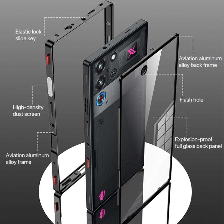 For ZTE nubia Red Magic 10 Pro / 10 Pro+ Snap Buckle Metal Frame Glass Back Panel Phone Case(Black)