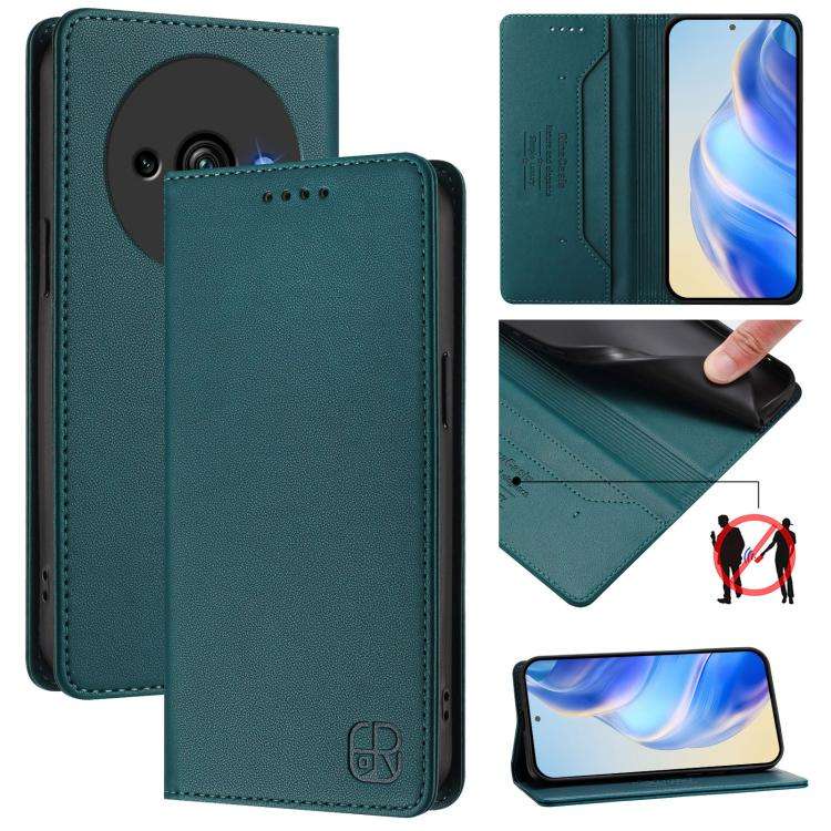 For Oukitel C59 / C59 Pro RC01 Dual-Folded Magnetic Suction RFID Leather Phone Case(Dark Green)