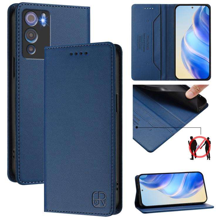 For Doogee N60 Pro RC01 Dual-Folded Magnetic Suction RFID Leather Phone Case(Dark Blue)