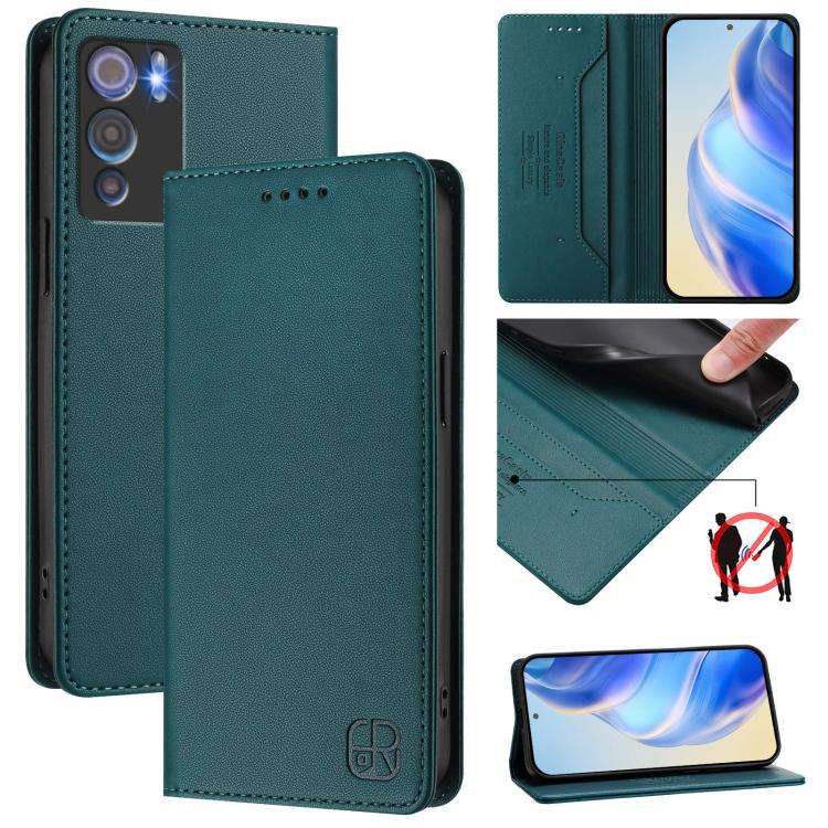 For Doogee N60 Pro RC01 Dual-Folded Magnetic Suction RFID Leather Phone Case(Dark Green)