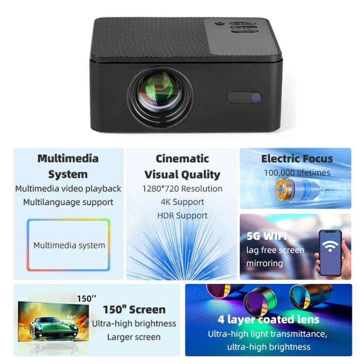 AUN A32 1280x720P 200ANSI D3100 CPU WIFI Display Smart Projector, US Plug(Black)