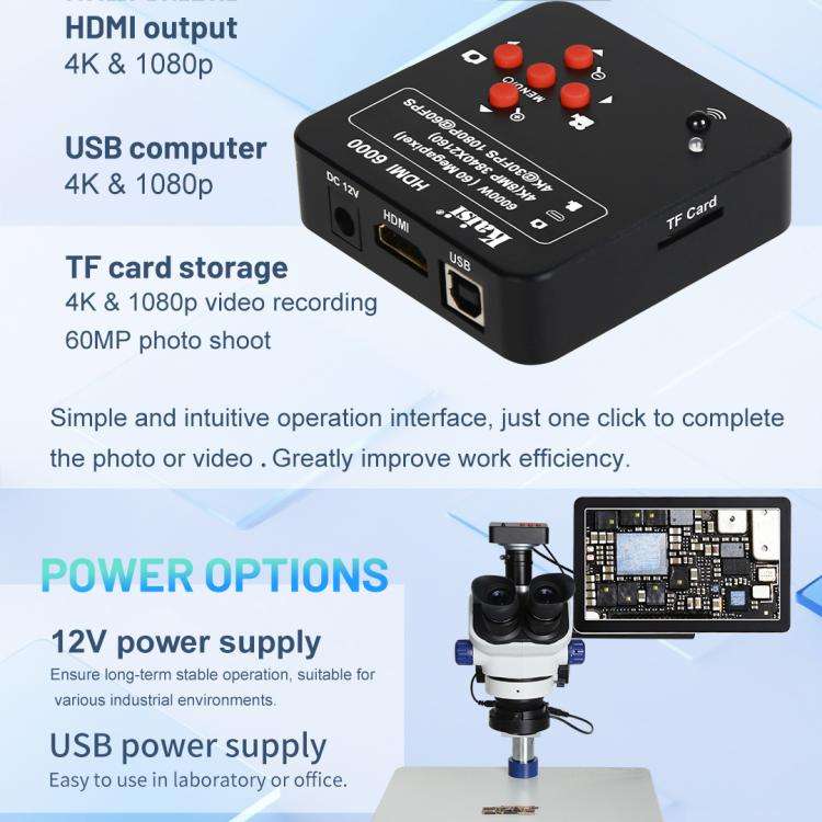 Kaisi HDMI 6000 HDMI / USB Dual Interface 60MP 4K Ultra HD Microscope Industrial Camera, Plug:US ...