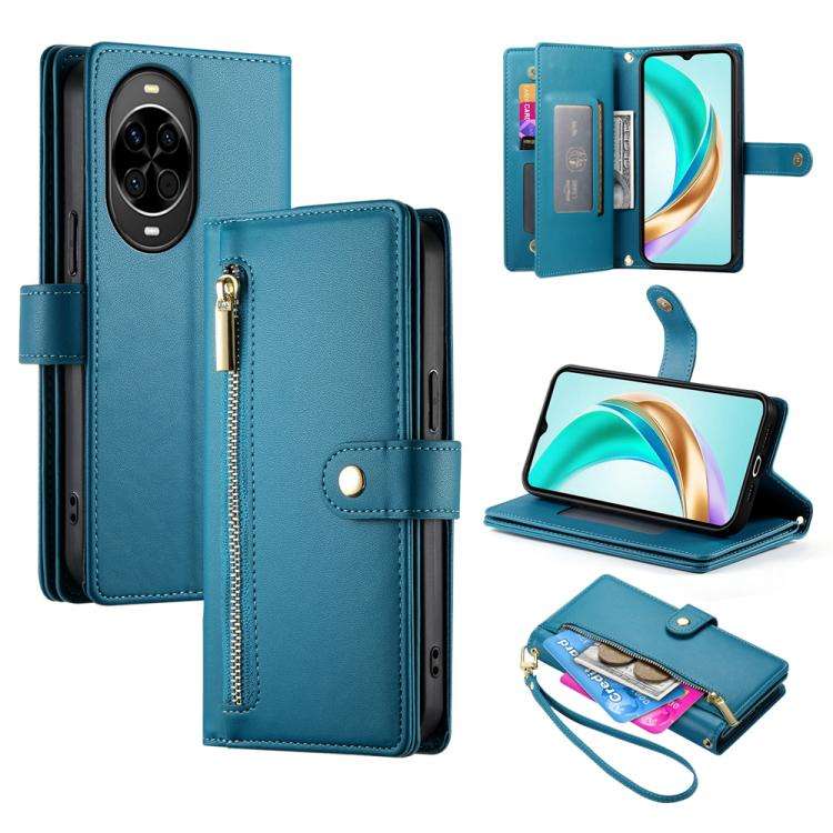 For Huawei nova 14 Nine Card-slot Zipper Wallet Bag Leather Phone Case(Blue)