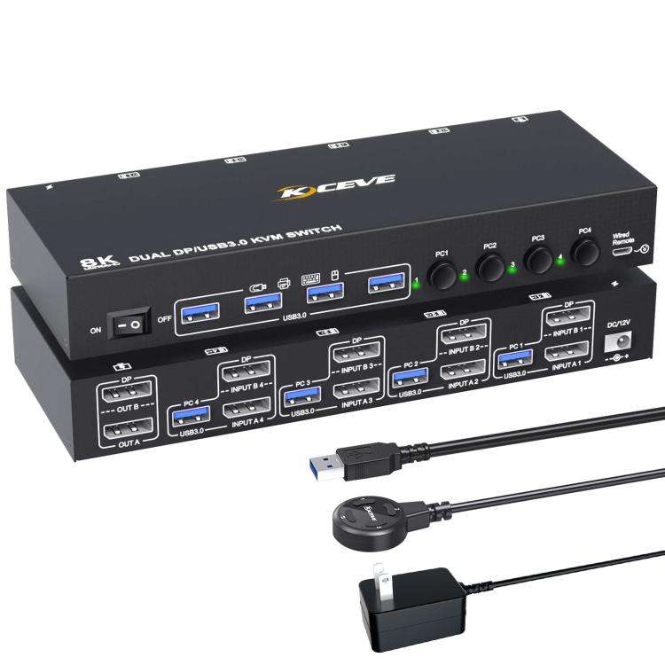 KC-KVM402DP 8K 30Hz 4 Input 2 Output DP / USB3.0 Dual Monitor KVM Switch, AU Plug