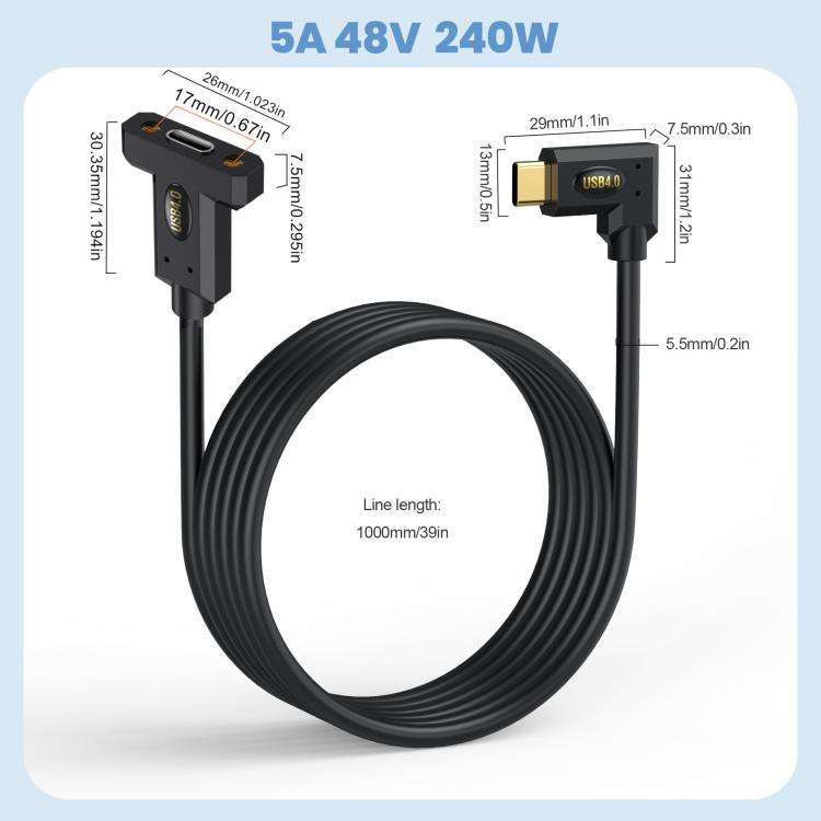 240W Type-C Male Elbow to Type-C Female Screw Fixed Panel Extension Cable with Ear, Length:1m
