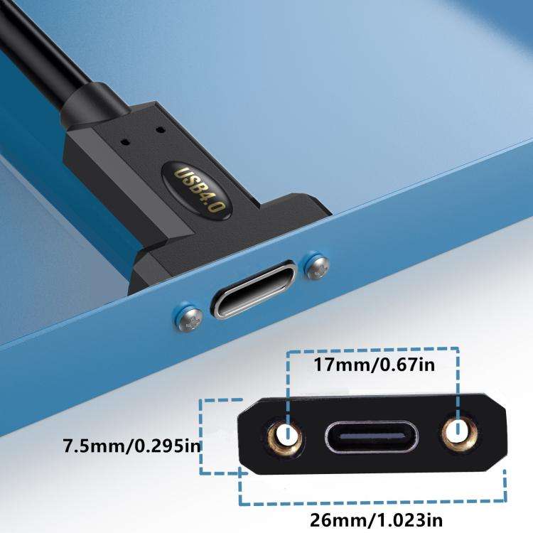 Type-C Straight Elbow to Type-C Female Screw Fixed Panel Extension Cable with Ear, Length:1m
