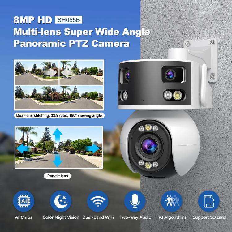 SriHome SH055B 8MP HD Multi-lens Super Wide Angle Panoramic PTZ Dome Camera(US Plug)