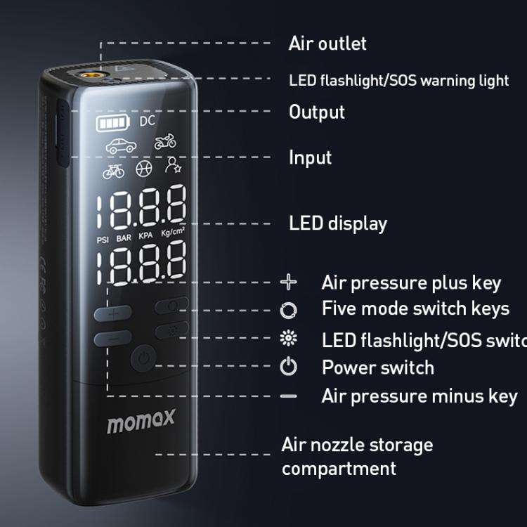 MOMAX CR16D 1-Move Support Car Digital Display Portable Smart Electric Wireless Air Pump(Black)
