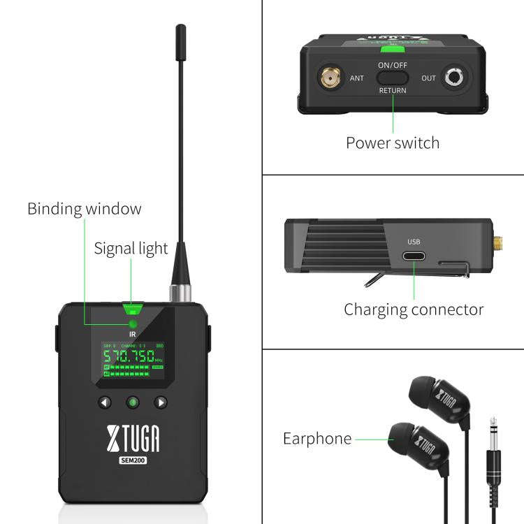 XTUGA SEM200 Wireless Stereo Stage Performance Professional In-ear Monitor System 4 BodyPacks + T...