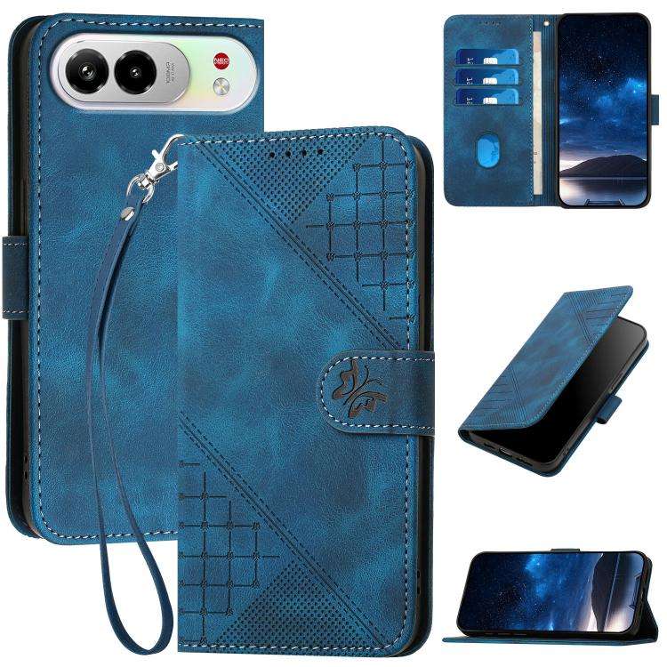 For ZTE nubia Air Pro 5G Grid Butterfly Embossed Pattern Leather Phone Case with Lanyard(Dark Blue)
