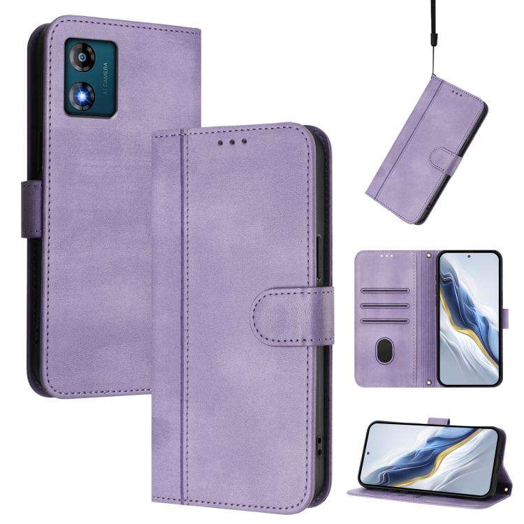 For Motorola Moto E13 2023 4G Line Splicing Buckle Retro Leather Phone Case(Purple)