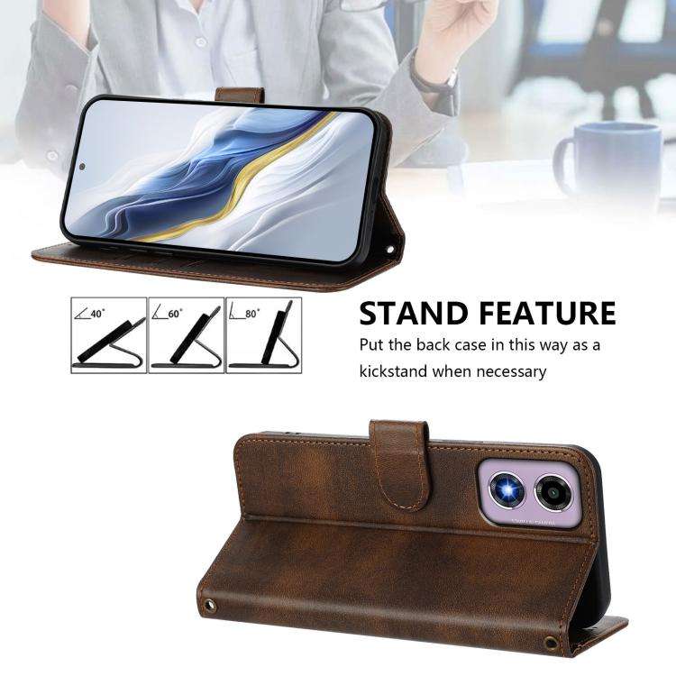 For Motorola Moto E14 4G / G24 4G Line Splicing Buckle Retro Leather Phone Case(Brown)
