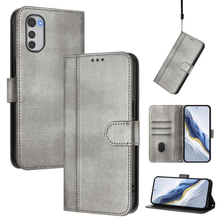 For Motorola Moto E32 4G Global Line Splicing Buckle Retro Leather Phone Case(Grey)