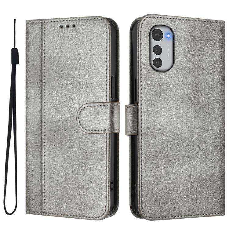 For Motorola Moto E32 4G Global Line Splicing Buckle Retro Leather Phone Case(Grey)