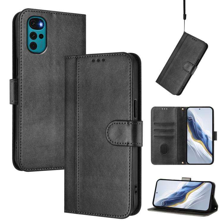 For Motorola Moto E32 India / G22 4G Line Splicing Buckle Retro Leather Phone Case(Black)