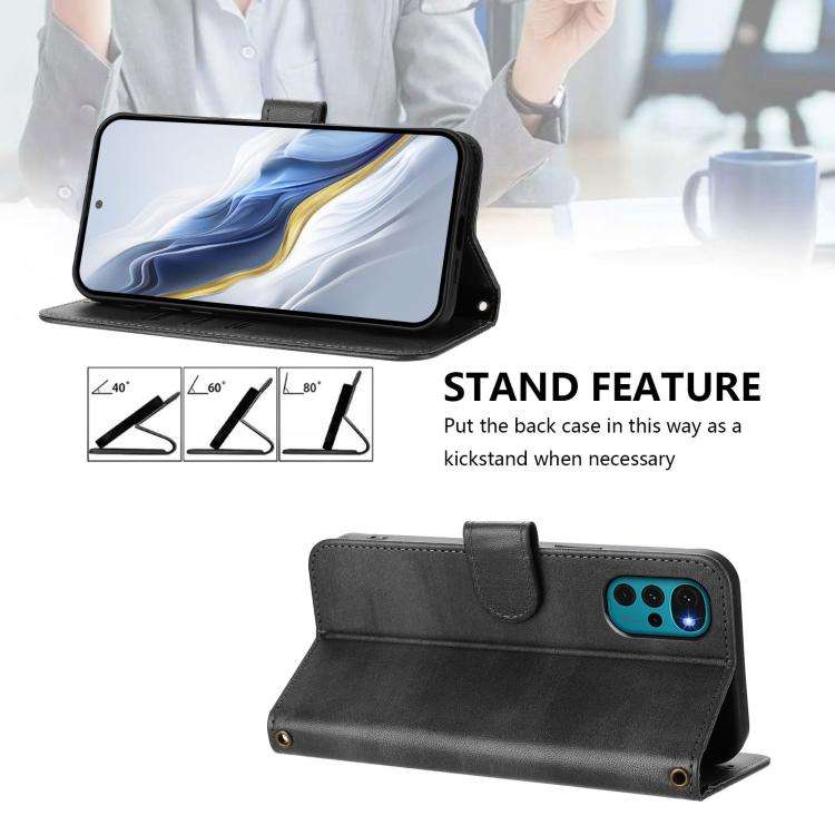 For Motorola Moto E32 India / G22 4G Line Splicing Buckle Retro Leather Phone Case(Black)