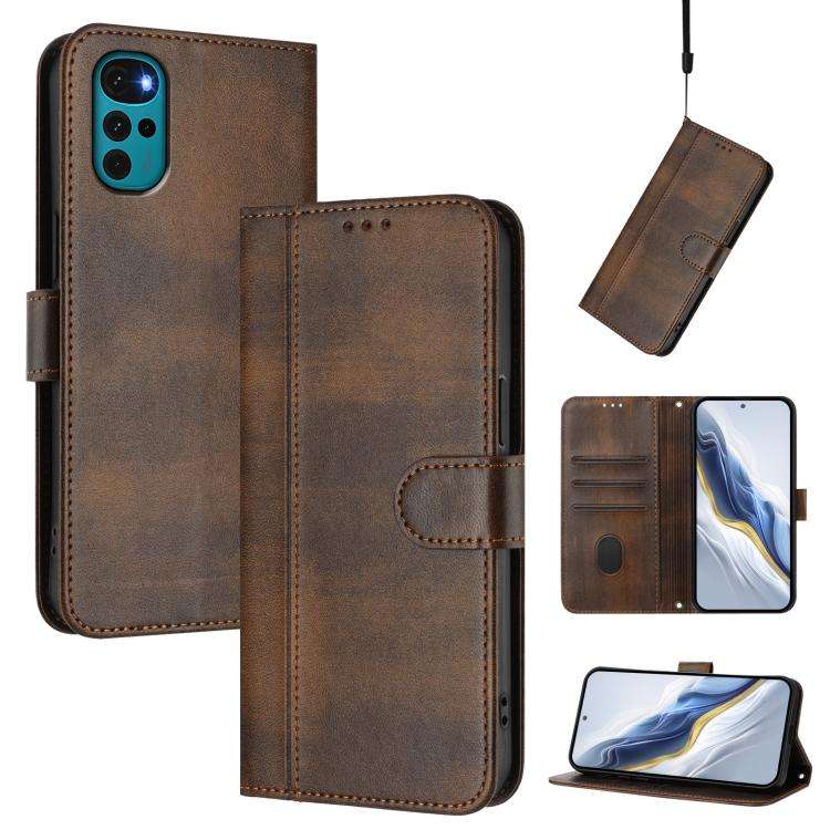 For Motorola Moto E32 India / G22 4G Line Splicing Buckle Retro Leather Phone Case(Brown)
