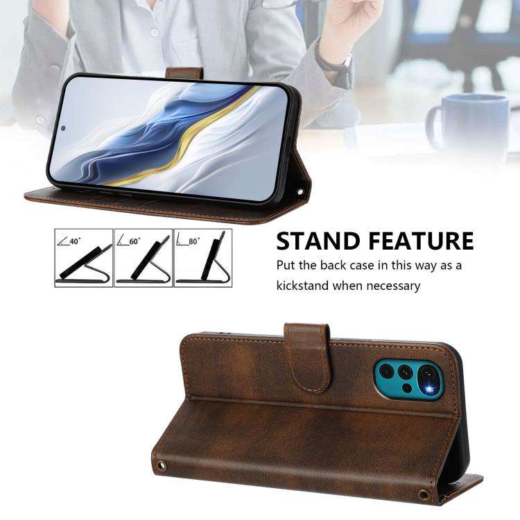 For Motorola Moto E32 India / G22 4G Line Splicing Buckle Retro Leather Phone Case(Brown)