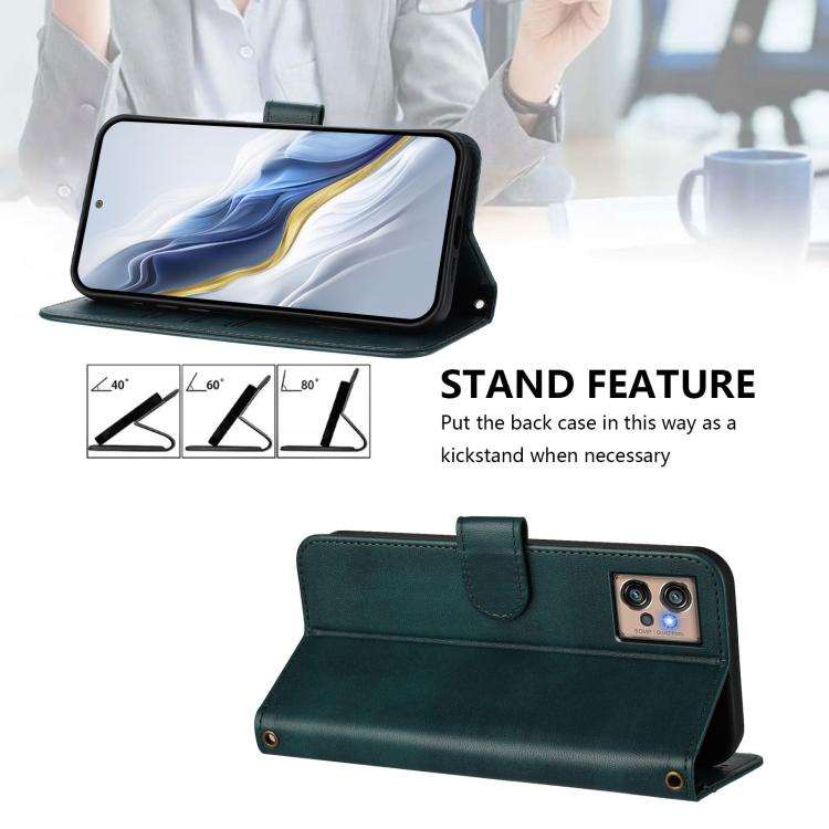 For Motorola Moto G32 Line Splicing Buckle Retro Leather Phone Case(Dark Green)