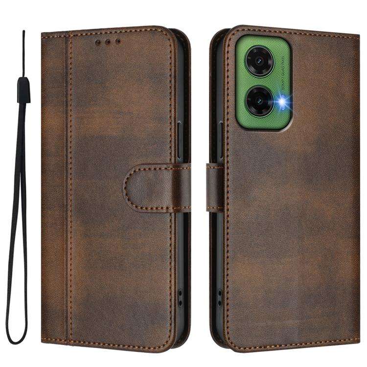 For Motorola Moto G35 5G Line Splicing Buckle Retro Leather Phone Case(Brown)