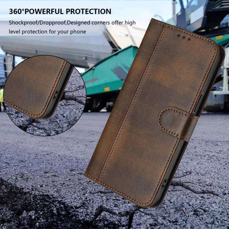 For Motorola Moto G35 5G Line Splicing Buckle Retro Leather Phone Case(Brown)