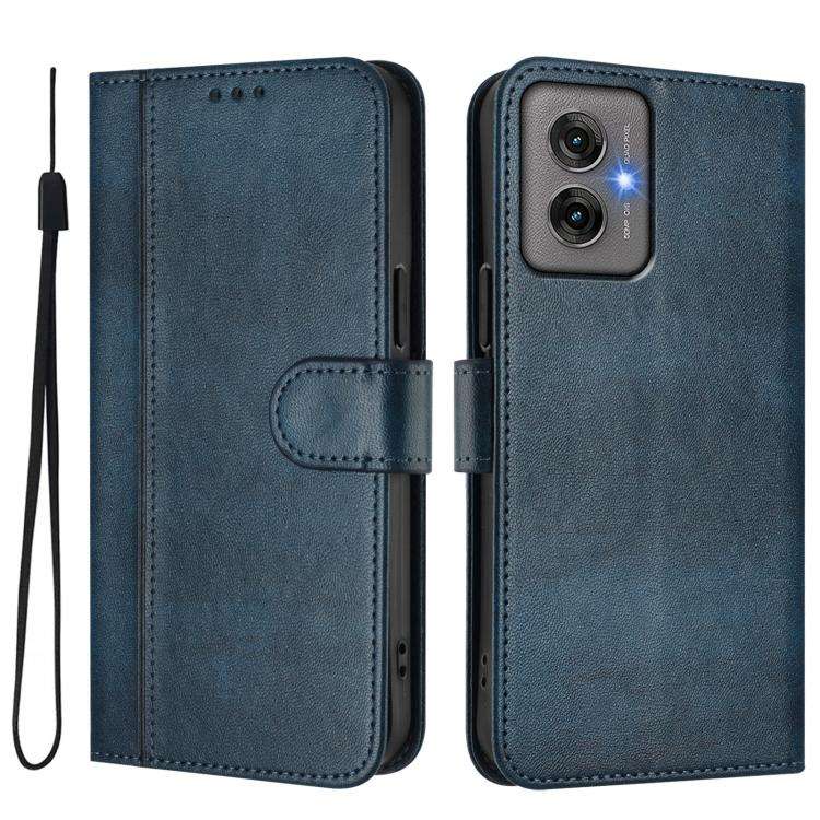 For Motorola Moto G55 5G Line Splicing Buckle Retro Leather Phone Case(Dark Blue)
