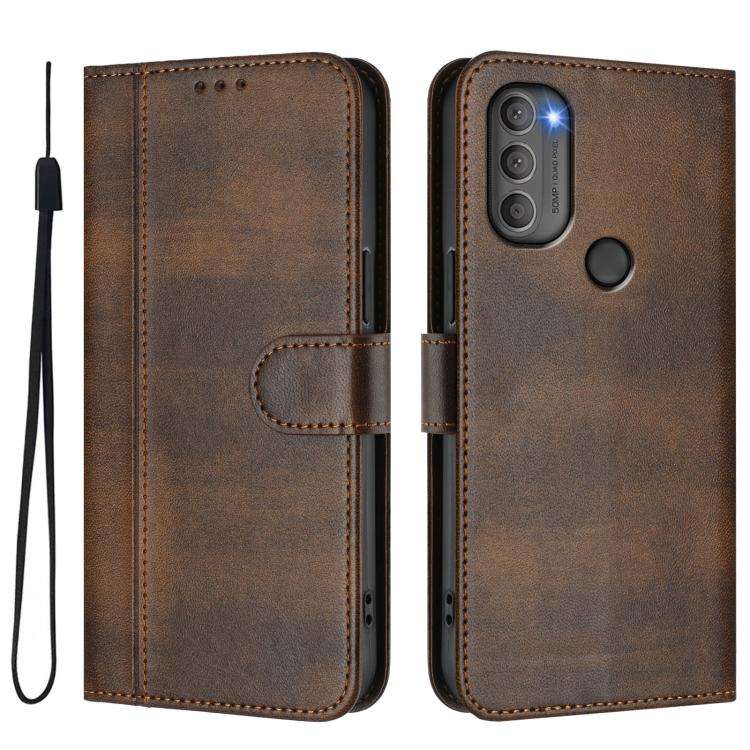 For Motorola Moto G71 5G Line Splicing Buckle Retro Leather Phone Case(Brown)
